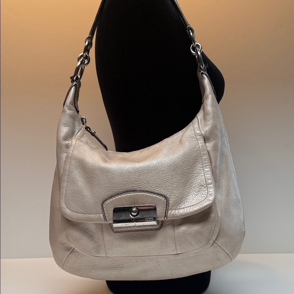 Leather Shoulder Bag in Light Metallic Beige